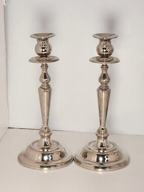 Pair Vintage MCM 12 Inch Silver Plated Candlesticks Mid Century Modern Table Dec